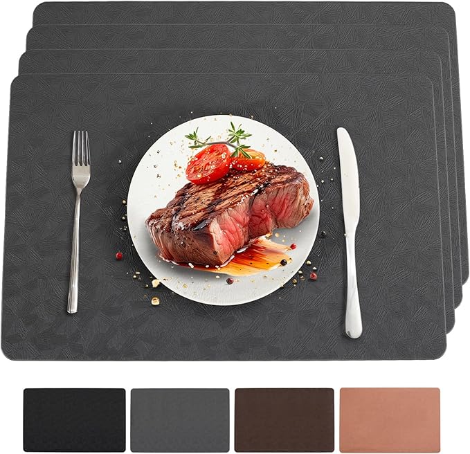 Vinyl Placemats Set of 4 Heat Resistant Easy Clean Non-Slip Place Mats for Dining Table. Faux Leather Waterproof Stain Resistant Wipeable Washable PU Table Mats(4, Gray)