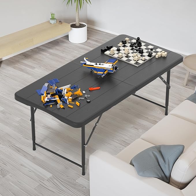 VINGLI 4 FT Plastic Folding Camping Table,3-Level Adjustable Height, Portable in/Outdoor Party Picnic Dining Desk,Off-White Garden Soccer Multipurpose Entertaining Activities, Black