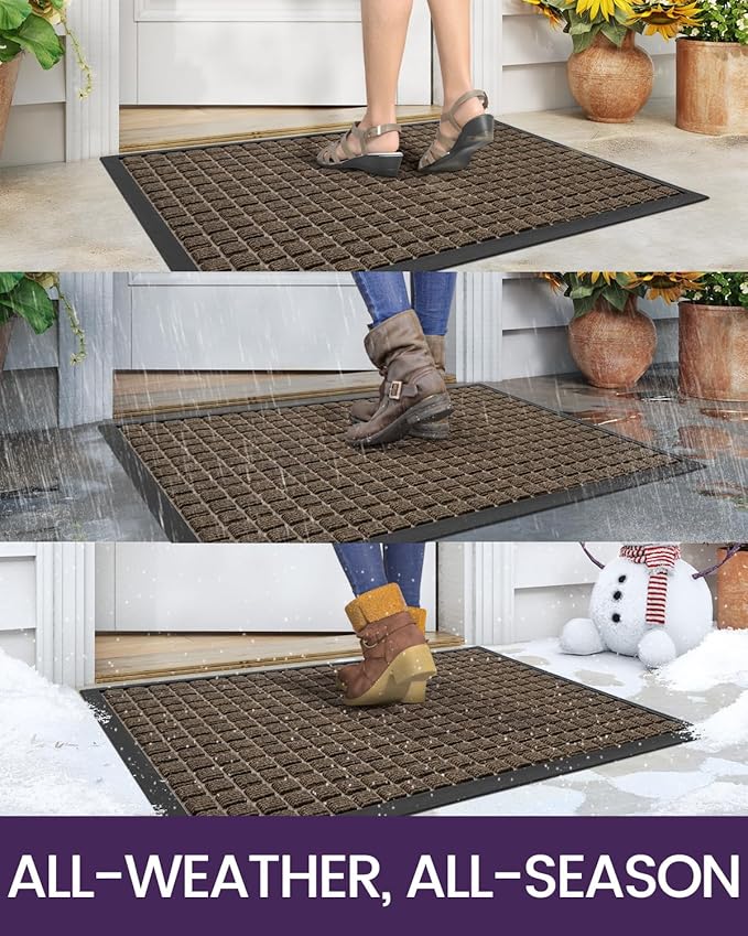 DEXI Front Door Mat Outside Entrance, 17x29 Rubber Entry Doormat Heavy Duty, Welcome Mats Non Slip for Inside House Floor Entryway Double Doors Exterior Patio, Checkered Brown