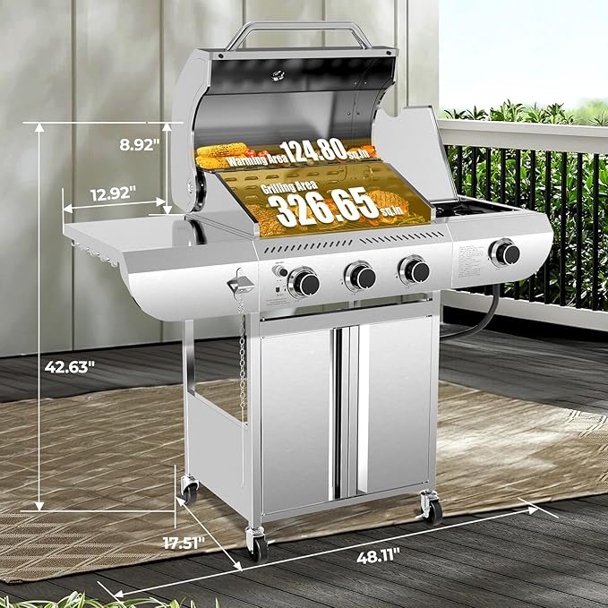R.W.FLAME 3-Burner Propane Gas Grill With Sider Burner, Stainless Steel Propane Grill 34,000BTU, Multifunction & Protable Outdoor Barbecue Grill with Casters for Camping & Parties