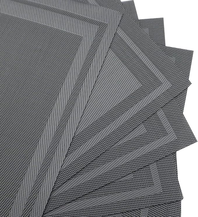 Gugrida Placemats Set of 6 Plaid Checkered Silver Grey PVC Placemat for Dining Table Durable Woven Vinyl Stain tablemats 18"X12"