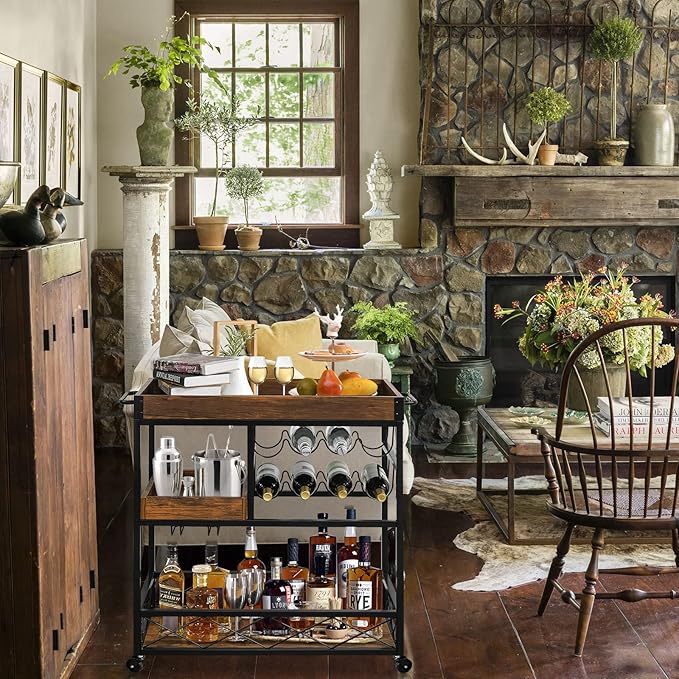 Bar Cart Industrial Mobile Kitchen Serving Carts for Home 3 Tier Storage Trolley with Wine Rack Glasses Holder Two Portable Trays Universal Casters with Brakes Rustic Rolling Cart for Indoor Outdoor