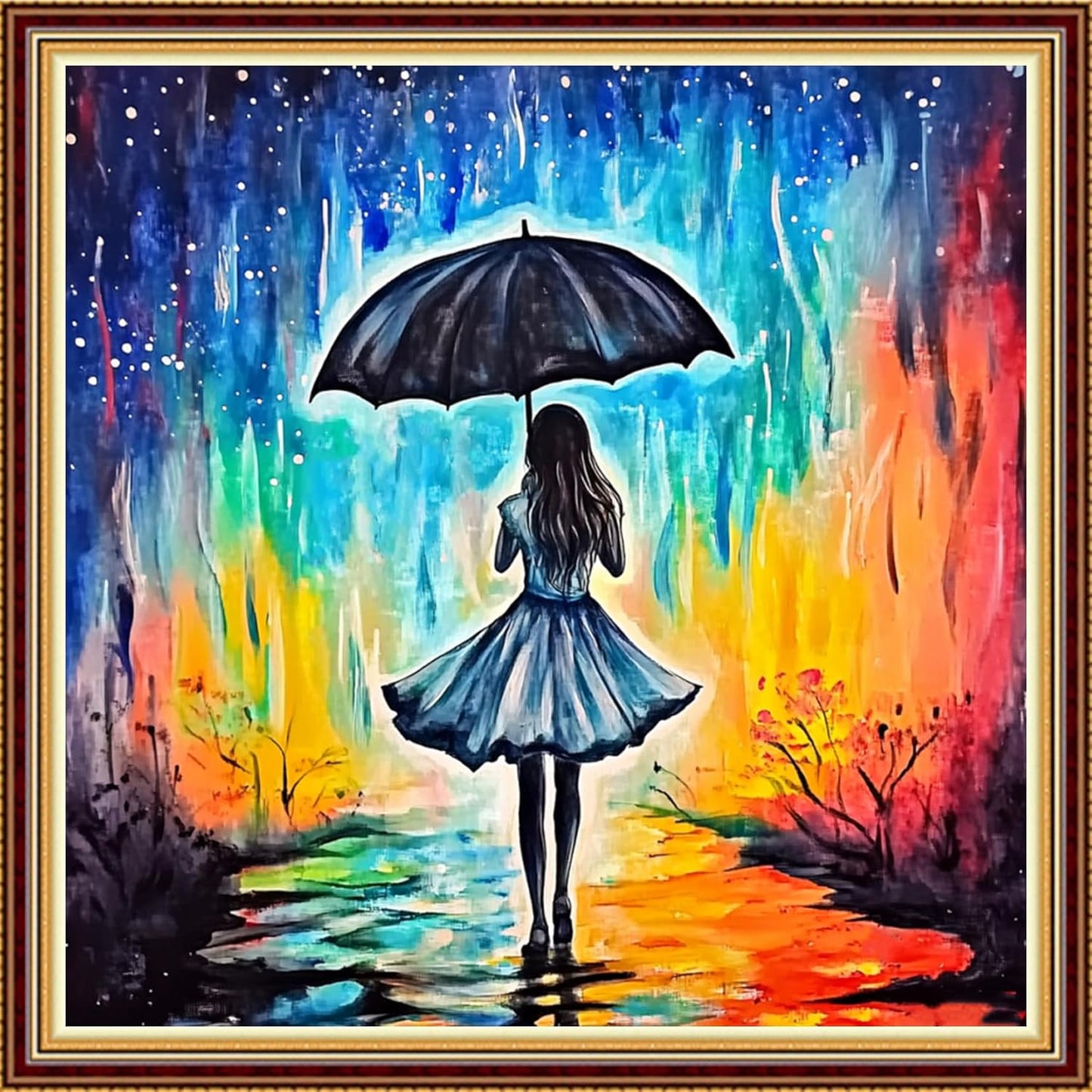 Hopeart Stamped Cross Stitch Kits for Beginner Embroidery Kits for Beginners Adults DIY 11CT Cross Stitch Patterns Needlepoint Kits Crossstitching Kits-Rainy Night Girl 18x18 inch