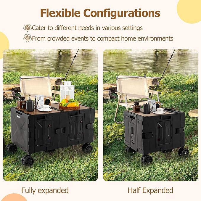 Goplus Large Foldable Utility Cart w/ 2-Tier Storage Crates, 5 Rotate Wheels, Metal Telescoping Handle, Portable Rolling Trolley Collapsible Cart for Grocery Shopping Camping & Travel