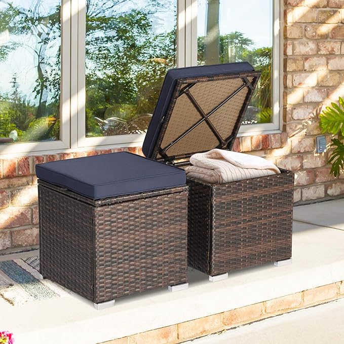 Tangkula 2 Pieces Patio Ottomans, Patiojoy Hand-Woven PE Rattan Side Table with Removable Cushion & Hidden Storage Space, Multifunctional Storage Box, Seat for Patio, Backyard, Poolside (Navy)