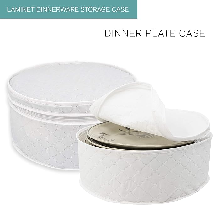LAMINET 4 Piece Quilted Plate Storage Set - Holds Up to 48 Plates with Padded Inserts - WHITE