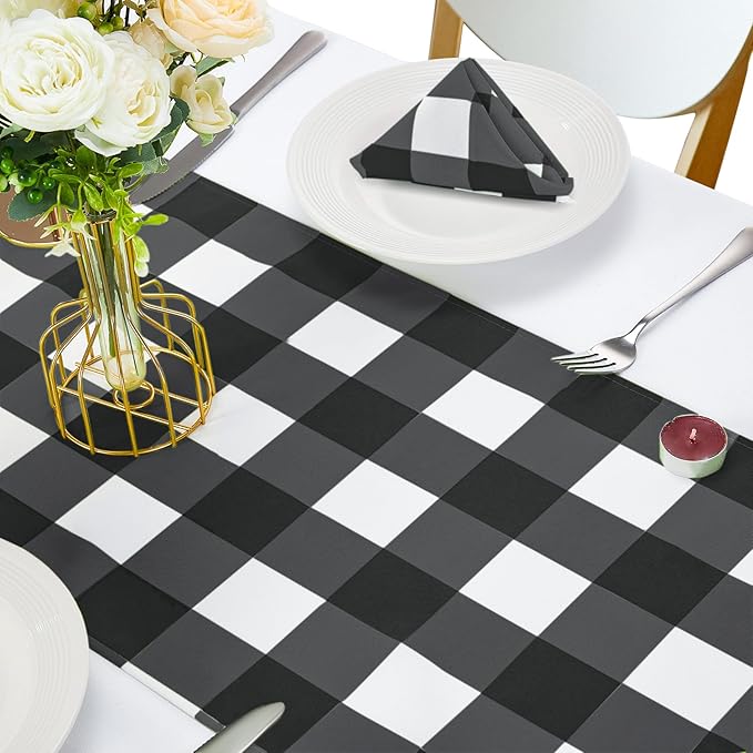 Fabric Checkered Table Runner 1 Pack Waterproof Gingham Table Runner 14W x 108L Buffalo Check Table Runners for Parties Kitchen Dining Wedding Banquet (Black and White)