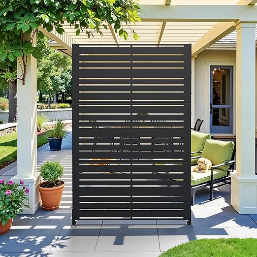 Casaphoria Metal Privacy Screen Outdoor, 72" H x 47" W Freestanding Decorative Privacy Screen for Patio Deck Balcony Garden with Stable Base, Black-Benjamin