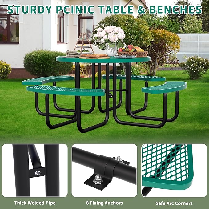 46'' Round Metal Picnic Table for Outdoors, Commercial Steel Metal Picnic Tables, Heavy Duty Sturdy Picnic Tables Furniture Set for Patio Garden Courtyard BBQ, with Umbrella Hole, Green