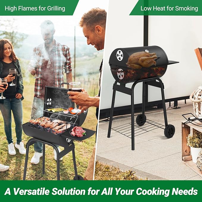 Outvita Barrel Charcoal Grill with Warming Rack, Outdoor BBQ Grill with Side Table with Nearly 268 Sq.In. Cooking Grid Area for Backyard Patio Picnic Parties Camping, Black