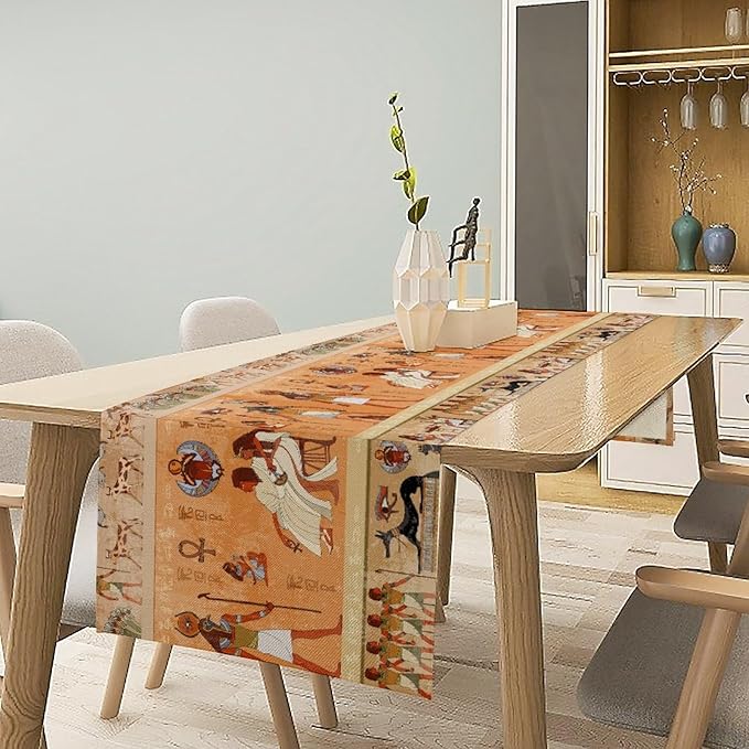 Ancient Table Runner, Mythology Egyptian Gods Pharaohs Antique Golden Hieroglyphs Print Pattern Table Runner for Dining Bedroom Kitchen Party Outdoor 13x90in