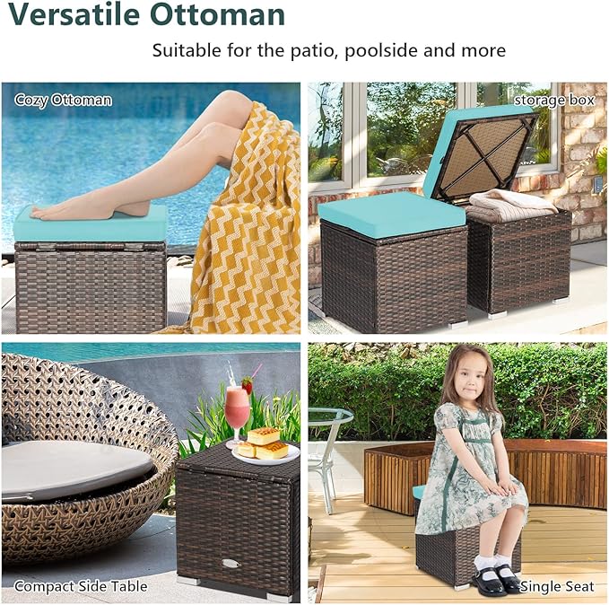 Tangkula 2 Pieces Patio Ottomans, Patiojoy Hand-Woven PE Rattan Side Table with Removable Cushion & Hidden Storage Space, Multifunctional Storage Box, Seat for Patio, Backyard, Poolside (Turquoise)