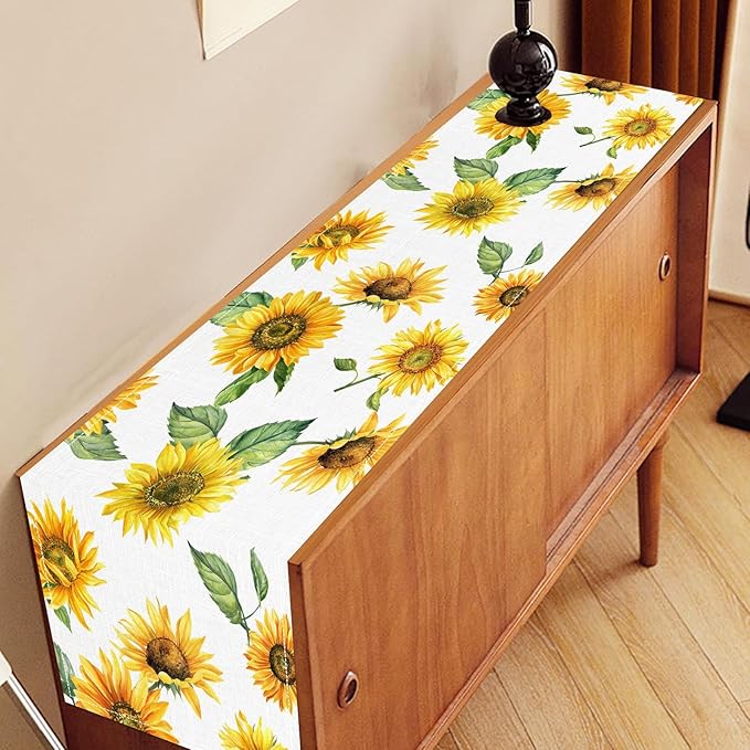 Sunfloral Table Runner, Summer Spring Seasonal Watercolor Sunshine Yellow Floral Sunflower Decorations Rustic Farmhouse Table Center Decor for Home Kitchen Dining Patio Indoor Outdoor, 13"x90" Inch