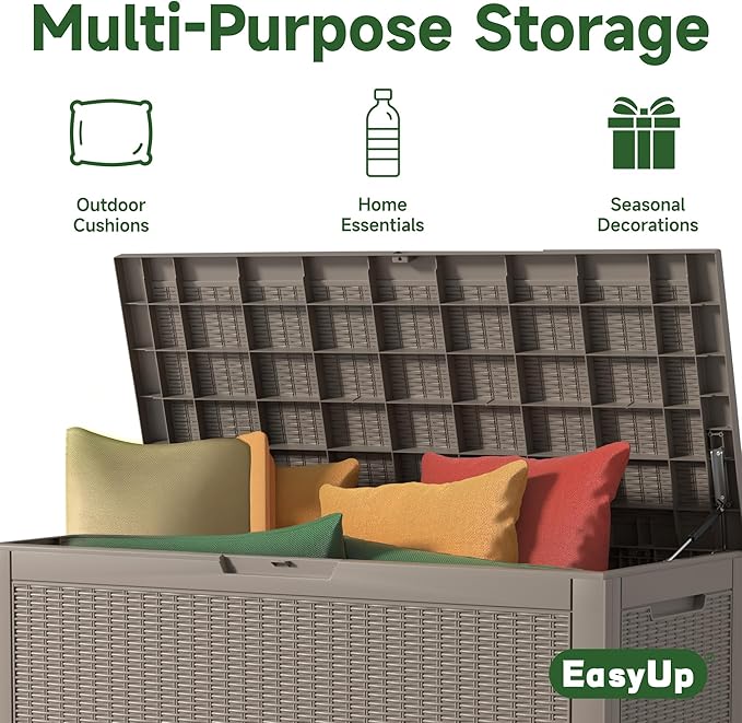 EasyUp 120 Gallon Outdoor Storage Box Waterproof, UV Resistant Resin Deck Box with Hydraulic Rod, Reinforced Stability for Patio, Garden, Rattan Gray