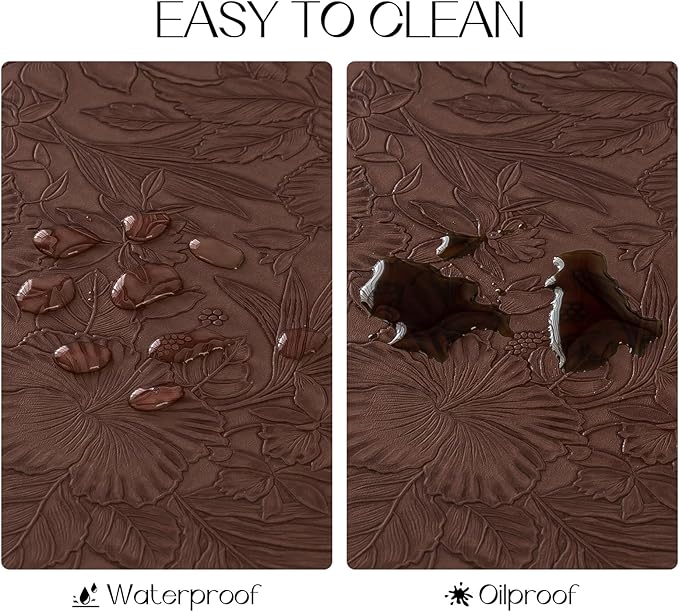 Romanstile Vinyl Placemats Set of 8-12 X 18 Inch - Heat Resistant Non-Slip Embossed Floral Place Mats 100% Waterproof Oilproof Wipeable Faux Leather Table Mats for Kitchen/Dining/Party, Brown