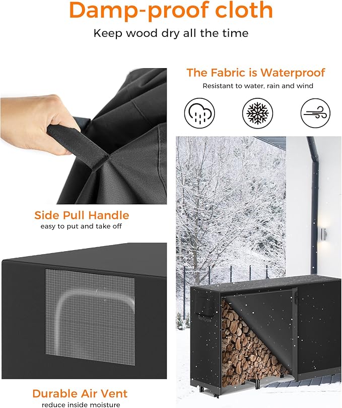 8ft Firewood Rack Outdoor with Cover, Heavy Duty Wood Racks Outdoor for Firewood, Indoor Firewood Storage Log Rack with Cover Wood Holder Set Black
