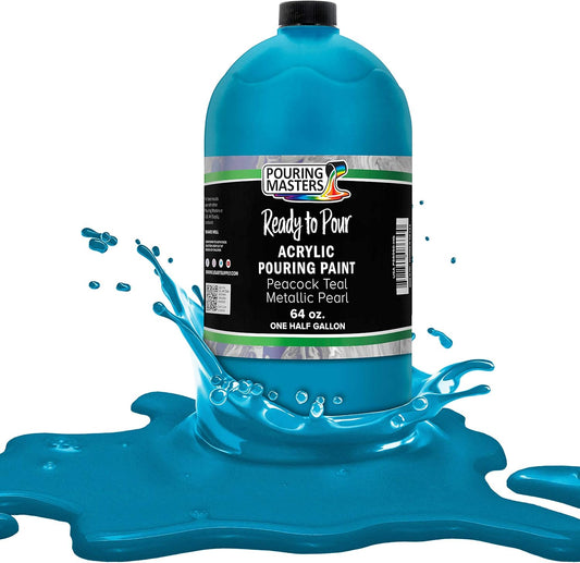 Pouring Masters Peacock Teal Metallic Iridescent Pearl Ready to Pour Acrylic Pouring Paint - Premium 64-Ounce Pre-Mixed Fluid Acrylic Paint - Fluid Art Supplies for Canvas, Wood, Paper, Tile & Rocks