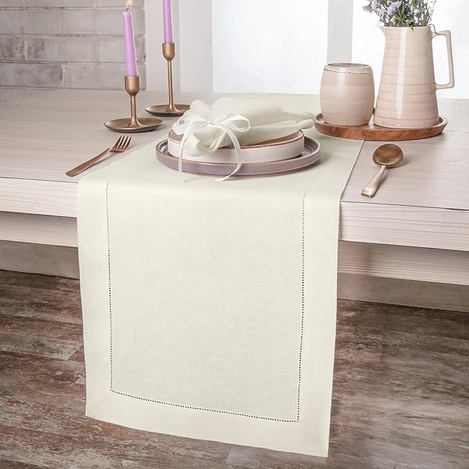 D'Moksha Homes Linen Ivory Table Runner 90 Inches Long - Classic Hemstitch 100% Pure Linen Dining Table Runner 14 x 90 Inch for Valentines, Spring, Easter