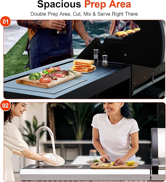 Brand-Man Outdoor Kitchen Island – 5-Burner Gas Grill & Griddle Combo with 800°C Infrared Sear Zone, Dual-Zone Cooktop, Sink & Storage, 995 sq.in Cooking Area, 67,000 BTU Stainless Steel BBQ Station