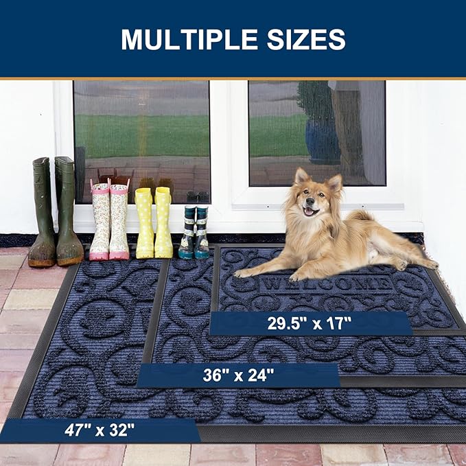 Smiry Welcome Door Mat Outside Entrance, Heavy Duty Trap Dirt and Moisture Easy Clean Low Profile Patio Porch Indoor Outdoor Front Doormat for Entry, 36x24 Inch, Navy Blue