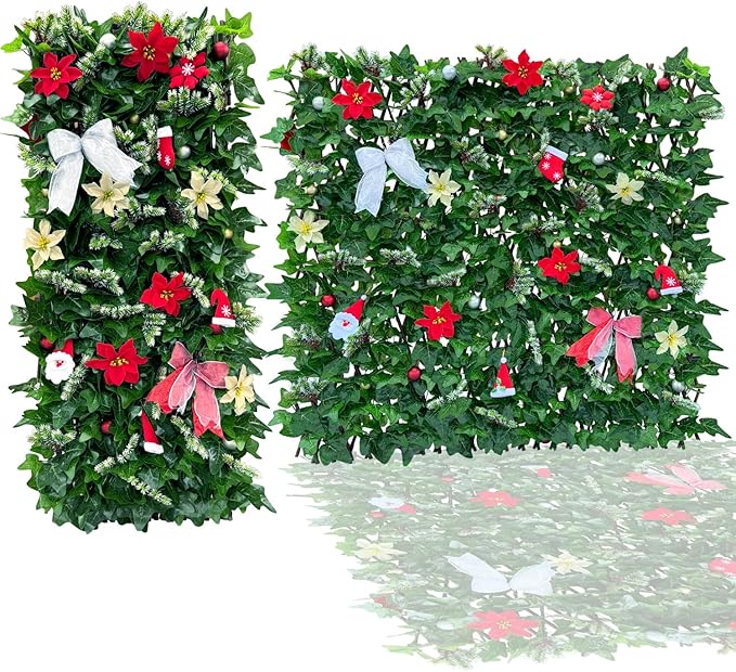 Expandable Fence Privacy Screen for Balcony Patio Outdoor,Decorative Faux Ivy Fencing Panel,Artificial Hedges (Single Sided Leaves) (1, Christmas-Ivy)