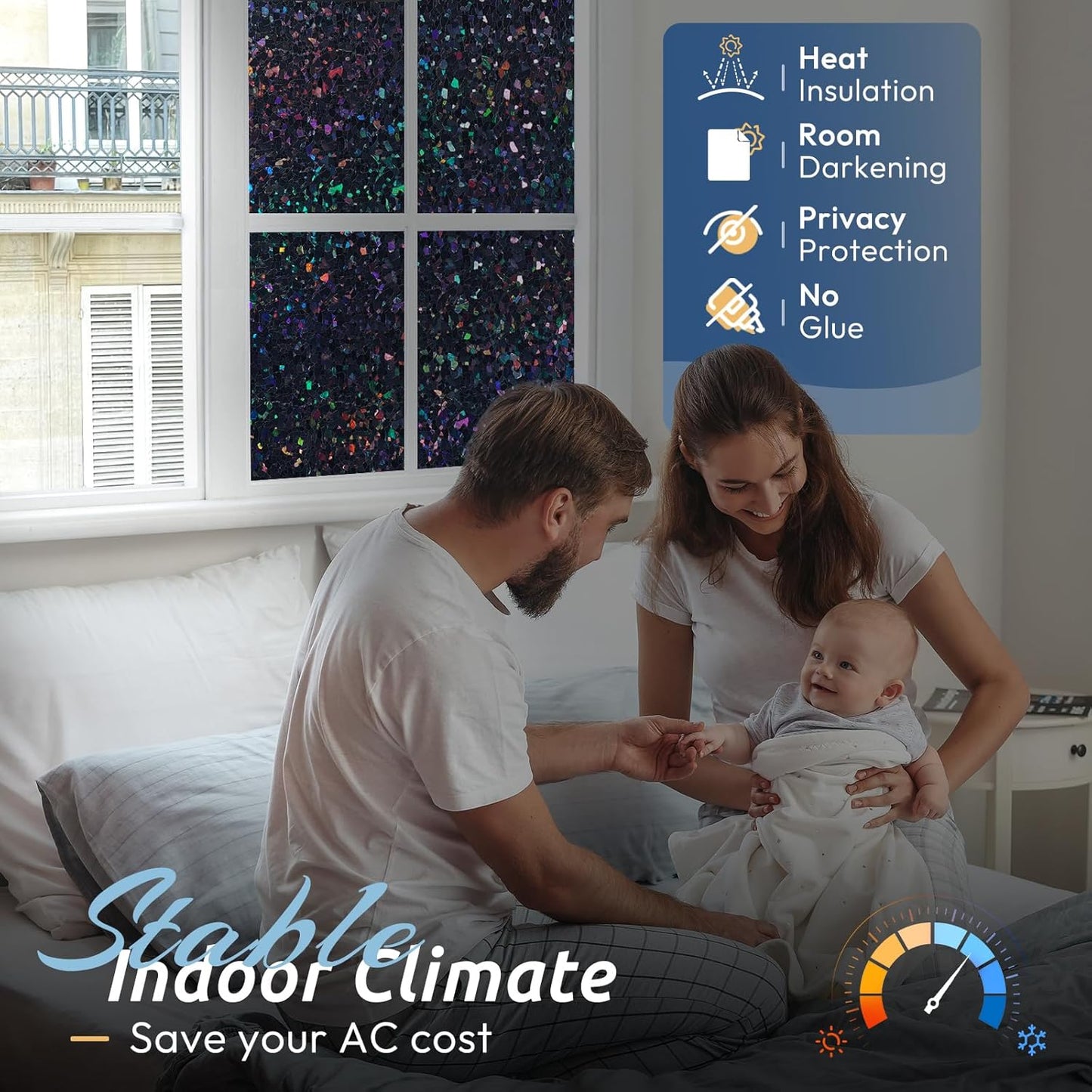 rabbitgoo Blackout Rainbow Window Privacy Film Decorative Stained Glass Diamond Pattern Window Sticker with Iridescent Tint Non-Adhesive Static Cling for Home Office Bathroom, 23.6 x 157.4 inch, Black