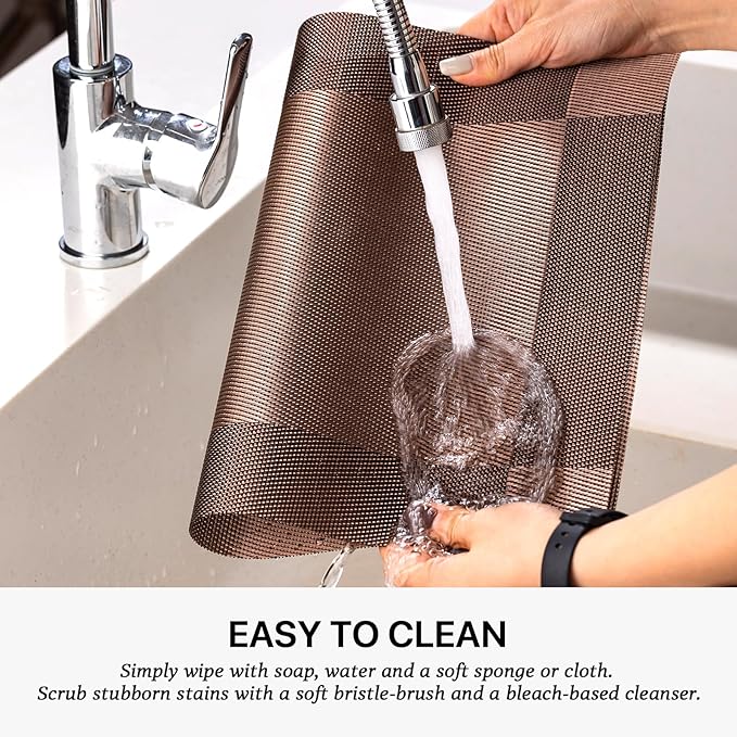 LEXMORE Placemats Set of 6 Vinyl/Plastic Woven Place Mats for Kitchen Table Indoor/Outdoor Washable Placemat Wipeable Dining Table Mats(Brown Cube)