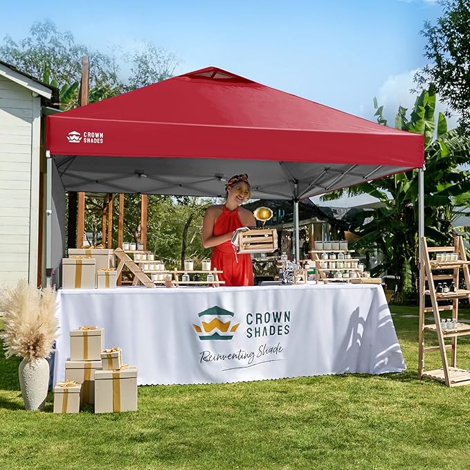 CROWN SHADES 12x12 Pop Up Canopy Tent Instant Commercial with 150D Silver Coated Fabric Including 1 Removable Sidewall, 4 Ropes, 8 Stakes, Weight Bags, STO 'N Go Bag, Red