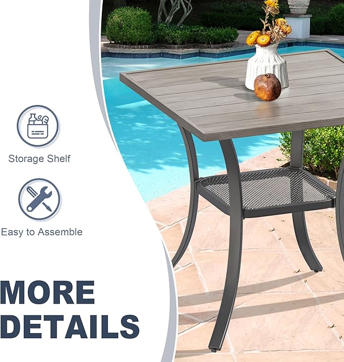 VICLLAX Patio Dining Table, Square Table Metal Outdoor Bistro Table with Rack for Balcony Garden Deck, 28inch Grey