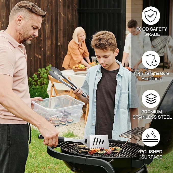 Griddle Accessories Kit - Grilling Accessories, Stainless Steel Heavy Duty Grill Tools Set with Spatula, Fork, Tongs and Gift-Box for Outdoor Barbecue, Home Grill (3PCS)