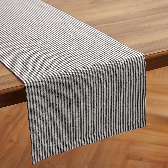 Solino Home Linen Table Runner 36 Inches - Narrow Stripe 100% Pure Linen Black and White Farmhouse Table Runner 14 x 36 Inch Ideal for Dresser and Coffee Tables - Winter, Spring, Easter