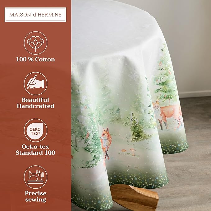 Maison d' Hermine Table Cloth Round Table 100% Cotton 69 Inches Fall Tablecloth Reusable Everyday Use for Thanksgiving Christmas Decorations Dining Farmhouse Party (Winter Mornings)