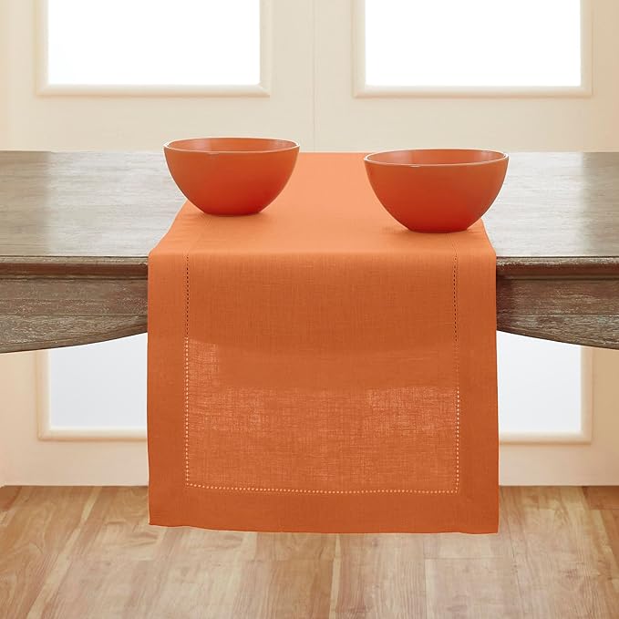 Solino Home Linen Pumpkin Table Runner 144 Inches Long - 100% Pure Linen Extra Long Table Runner 14 x 144 Inch - Classic Hemstitch