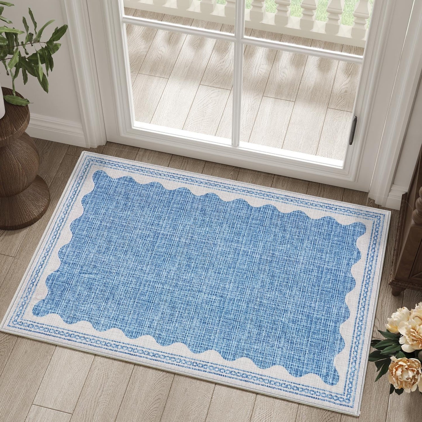 Scalloped Rug 2x3 Rugs for Entryway, Solid Blue Rugs Small Area Rug Non Slip Scalloped Bath Mat, Washable Front Door Mat Indoor Entrance,Soft Girls Nursery Dorm Carpet for Bedroom Kitchen
