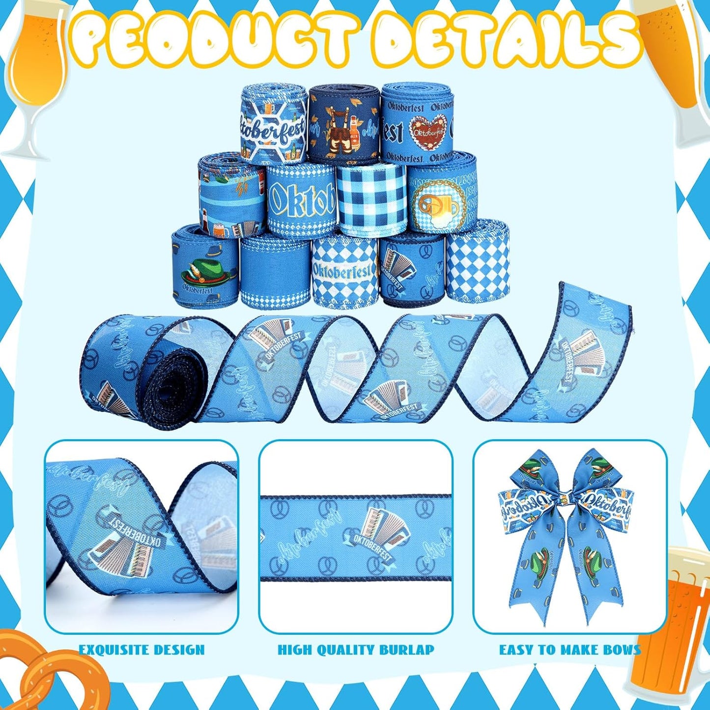 12 Rolls Oktoberfest Wired Edge Ribbon for Wreaths 2.5 Inch x 30 Yards Blue and White Print Grosgrain Ribbon Bavarian German Beer Crafts for Oktoberfest Party Decorative Supplies, 12 Styles