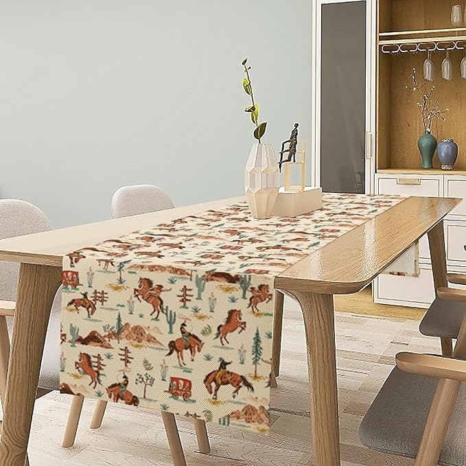 Western Cowboy Table Runner,Vintage Farmhouse Country Cowboy Horse Cactus Desert Print Table Runner for Kitchen Dining Table Holiday Home Party Decor 13x90in