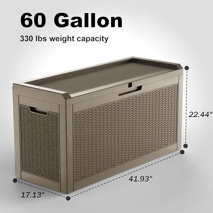 60 Gallon Deck Box,Resin Outdoor Storage Box with Lockable for Patio Furniture, Pool Accessories, Garden Tools, Waterproof Outside Storage Box, Grey