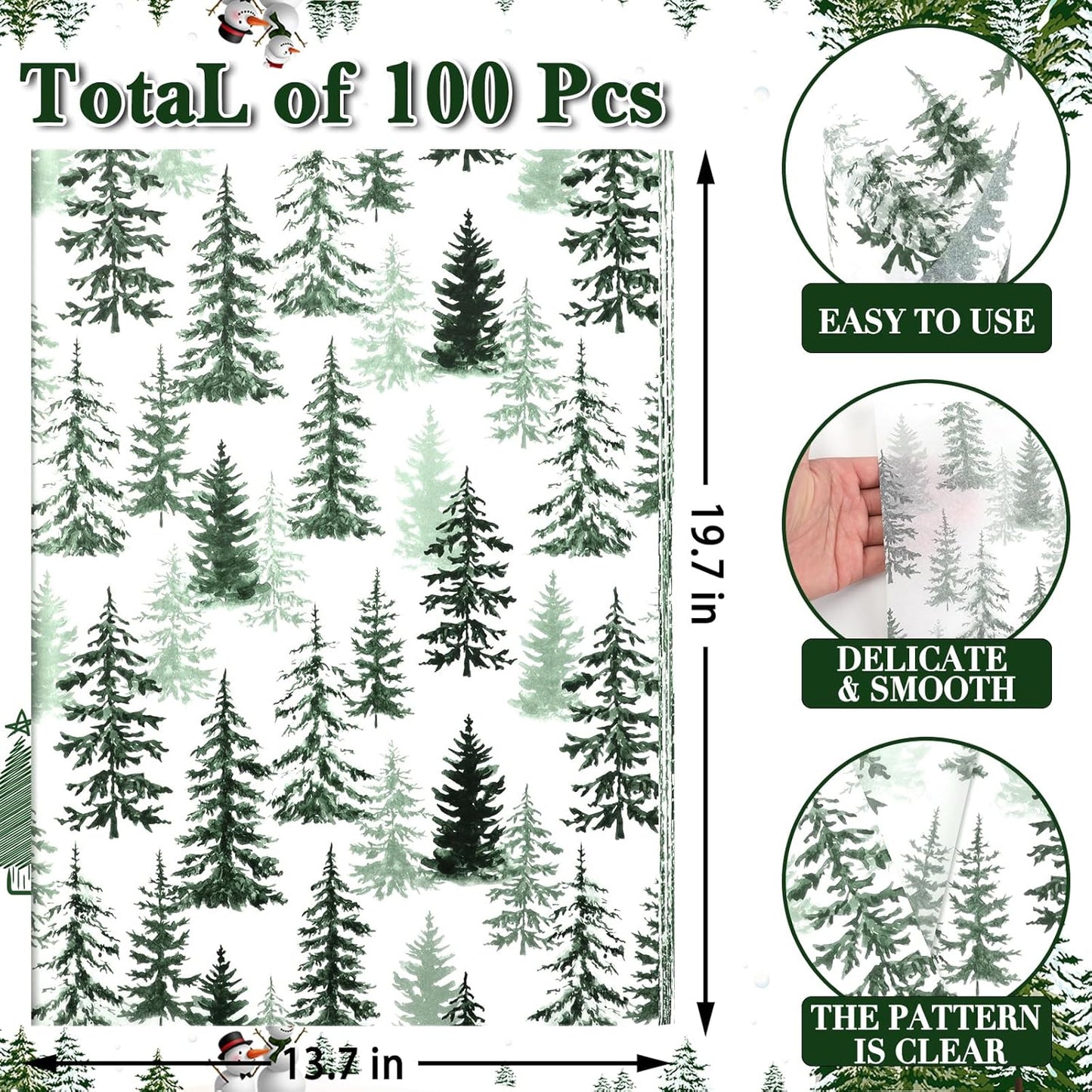 100 Sheets Christmas Tree Tissue Paper, 20x14in Forest Style Wrapping Tissue Watercolor Xmas Tree Art Tissue for Xmas Party Gift Bag Fillers Winter Party Decor (Green)