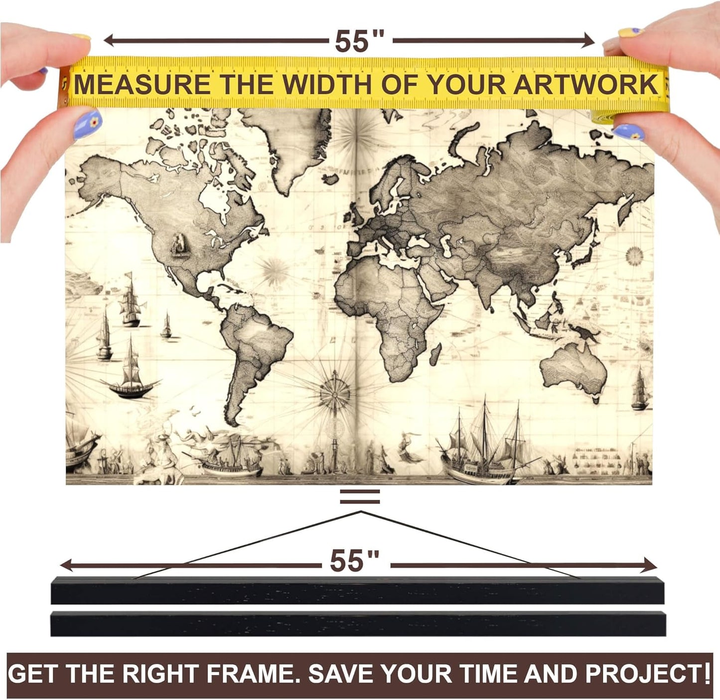 DACRI HOME 55" Magnetic Poster Hanger Frame - Sturdy Teak Wood Poster Frame, Strong Magnets for Easy Hanging Map Picture Canvas Print Scroll Wall Art 55x32 55x39 55x40 (55 Inch, Black)