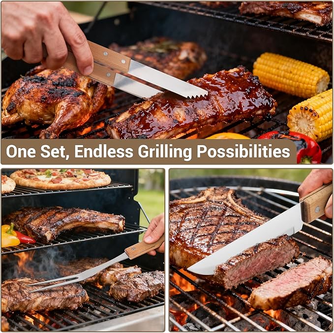 18pcs Wooden Grill Tool Set, BBQ Accessories Heavy Duty Stainless Steel Grill Utensils Set with Carry Bag Spatula, Fork, Tongs & Cleaning Brush and More Grilling Gifts for Christmas Men, Father’s Day