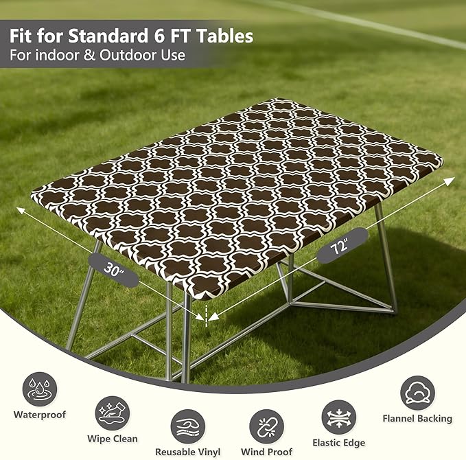 Rectangle Picnic Table Cloth, Elastic Waterproof Fitted Vinyl Tablecloths for 6 Foot Tables, Wipeable Flannel Backed Table Covers for Dining, Camping, Outdoor(Black,30"x72")