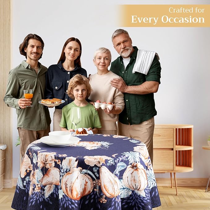 Maison d' Hermine Table Cloth Round Table 100% Cotton 69 Inches Fall Tablecloth Reusable Everyday Use for Thanksgiving Christmas Decorations Dining Farmhouse Party (Pumpkin Blues)