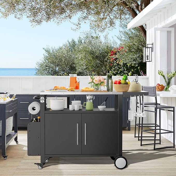 ROOMTEC Outdoor Grill Cart with Storage,Patio Kitchen Island with WheelsHooks and Spice Rack,Waterproof Outdoor Grill Table,Movable BBQ Serving Cart Rolling Bar Cart for Home Party Bar