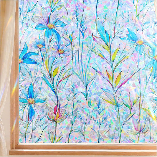 FINNEZ Window Privacy Film Stain Glass Film Flowers Rainbow Window Film Window Clings Non-Adhesive Reusable Decorative for Home（Blue Lotus，45.2 Inch x 6.5 Feet）