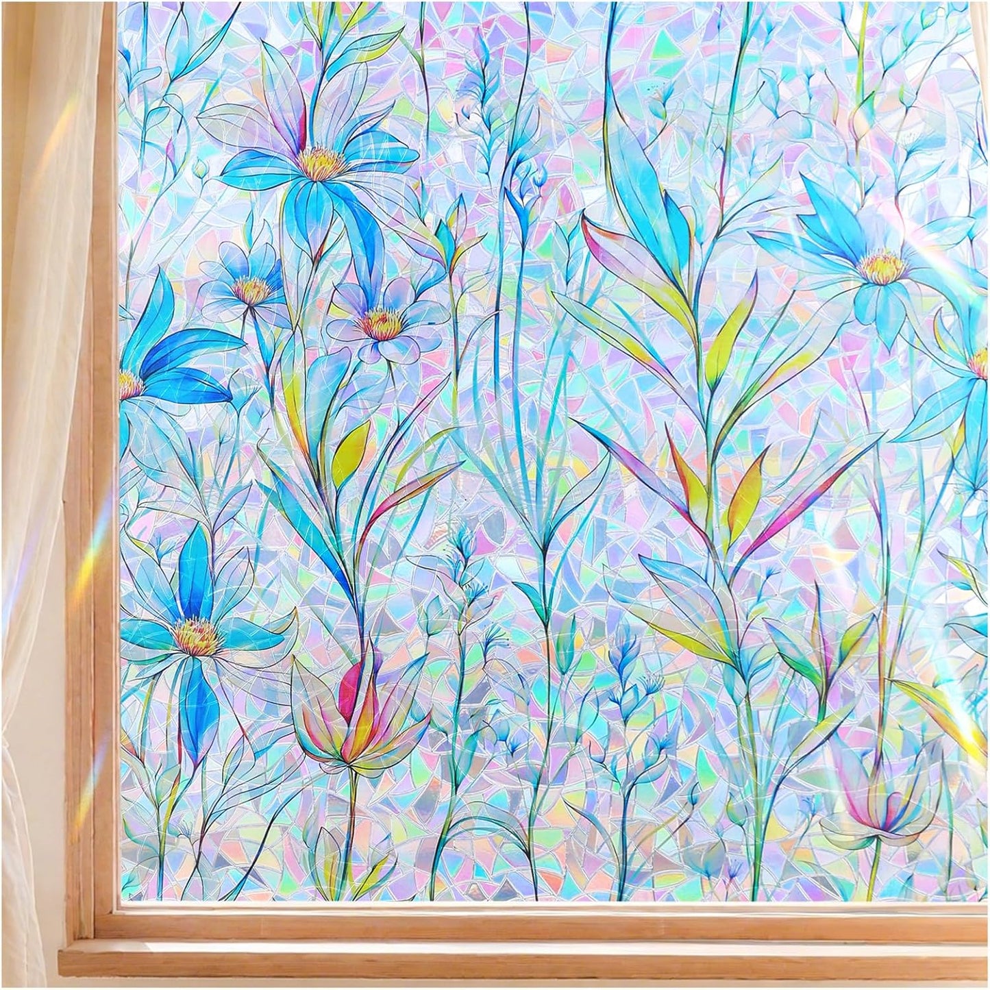 FINNEZ Window Privacy Film Stain Glass Film Flowers Rainbow Window Film Window Clings Non-Adhesive Reusable Decorative for Home（Blue Lotus，45.2 Inch x 13.1 Feet）