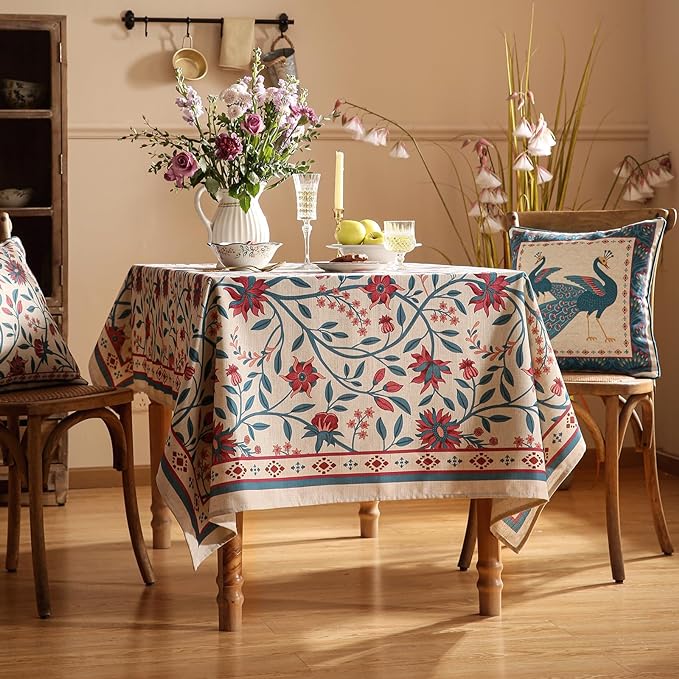 Designer Linen Rectangle Tablecloth,Vintage William Morris Wrinkle Resistant Floral Table Cloth,Decor Table Cover for Kitchen,Dining,Thanksgiving,Christmas,Party,55"*79"-Dorodango B