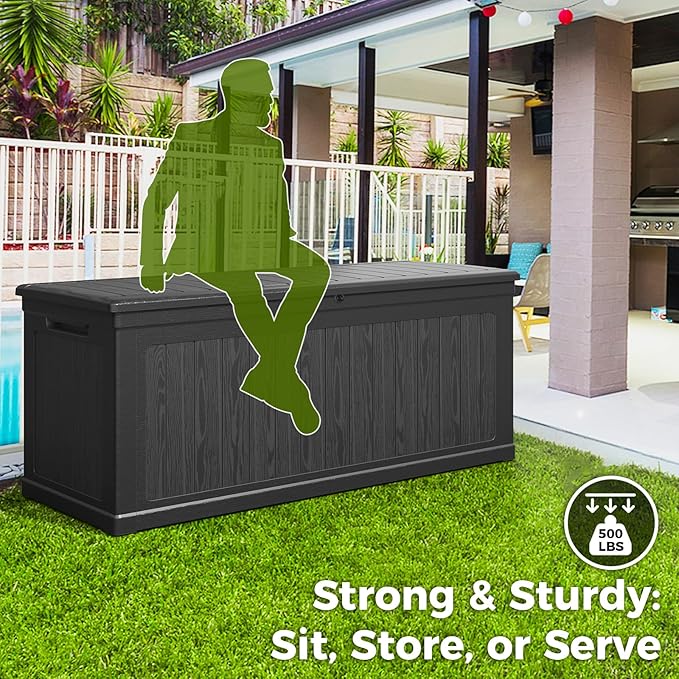 Lyromix 230 Gallon Outdoor Storage Box, UV-Resistant Waterproof Deck Box Outdoor with Lockable Design (Lock Not Included) and Hydraulic Lid, Patio Storage Bin for Cushions and Garden Tools, Black
