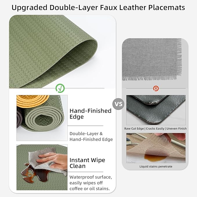 Round Faux Leather Placemats Set of 6 – 13 Inch Vinyl Mats, Heat Resistant, Non Slip, Wipeable & Washable, Easy to Clean Dining Table Decor for Kitchen & Holiday Gatherings（Olive Green）