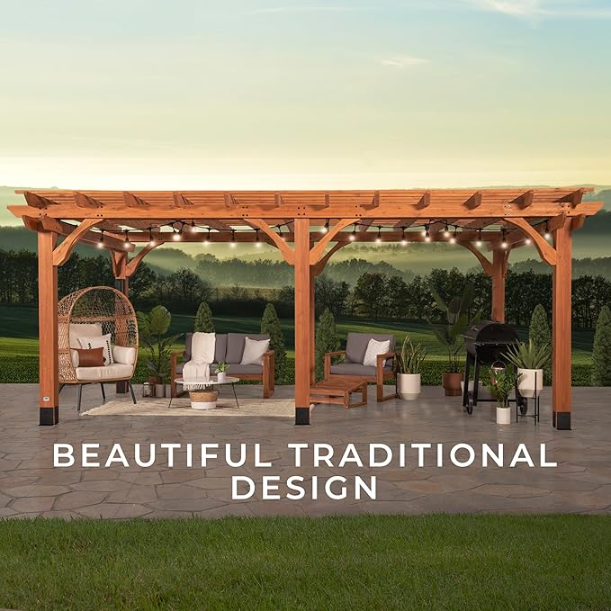 Backyard Discovery Beaumont 20' x 12' Traditional Cedar Wood Pergola Kit with Trellis Roof, All-Season Durability, High-Wind Rating, PowerPort, Shade for Outdoor Patio, Deck, Garden, and Entertaining