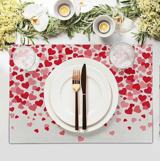 Valentine's Day Pink Love Heart Placemats Set of 4 Valentine Dining Place Mat Heat Resistant Washable Wedding Anniversary Rectangle Table Mat for Outdoor Kitchen Home Party 12x18 Inch